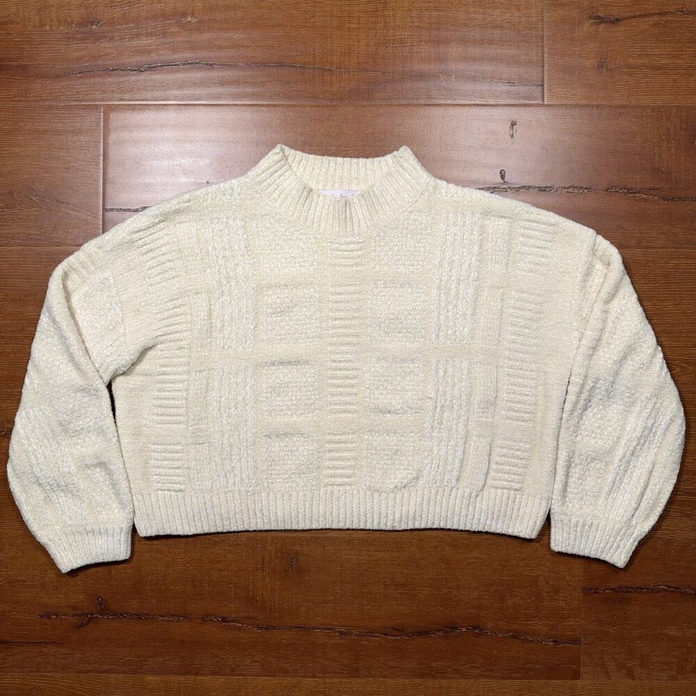 Lisa Says Gah Cropped Sweater Womens M/L Ivory Oversized Relaxed Textured Fleece